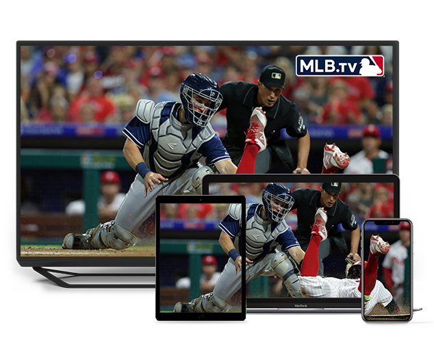 MLB TV mostrado en smartphone, laptop, tablet y TV